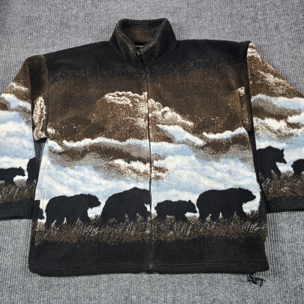 Cobblestone Canyon Jacket Mens 2XL Black Bomber Fleece Full Zip Bears All Over